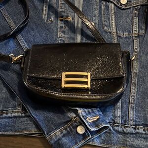 Black Patent Crossbody Bag with Gold Accent